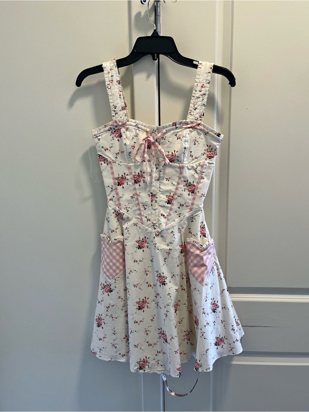 House of CB White Dress with Pink Floral Print and Gingham Pockets